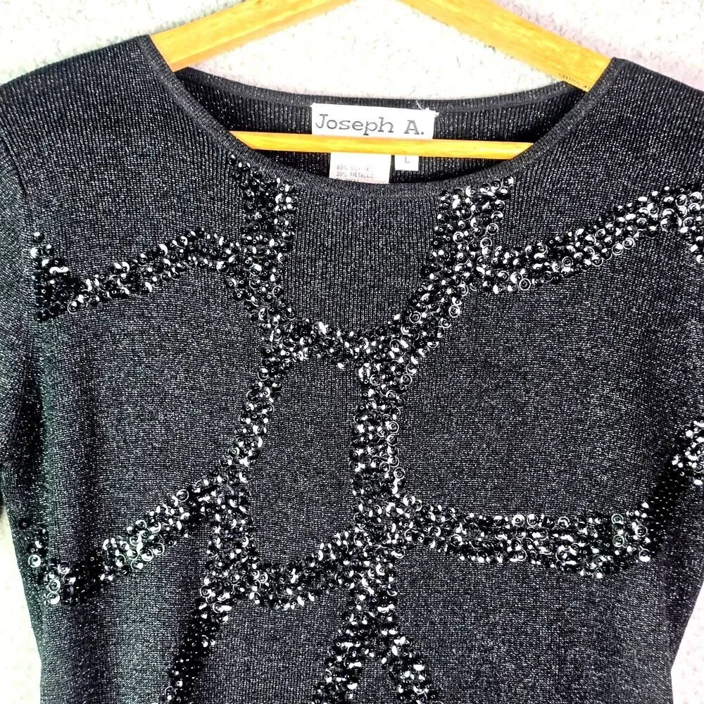 Joseph A L Black Sequin Silk Metallic Sweater Top 3/4 Sleeve